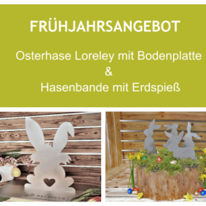 Figuren aus Edelstahl: Osterhase auf Bodenplatte und Beispiel mit vier Osterhasen auf Baumscheibe dekoriert.